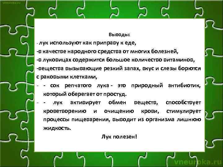 Выводы: - лук используют как приправу к еде, -в качестве народного средства от многих