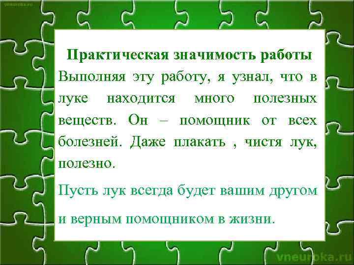 Практическая значимость работы Выполняя эту работу, я узнал, что в луке находится много полезных