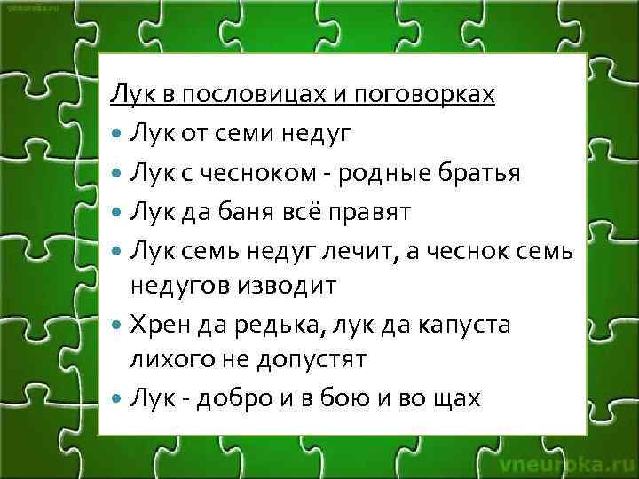 Лук в пословицах и поговорках Лук от семи недуг Лук с чесноком - родные