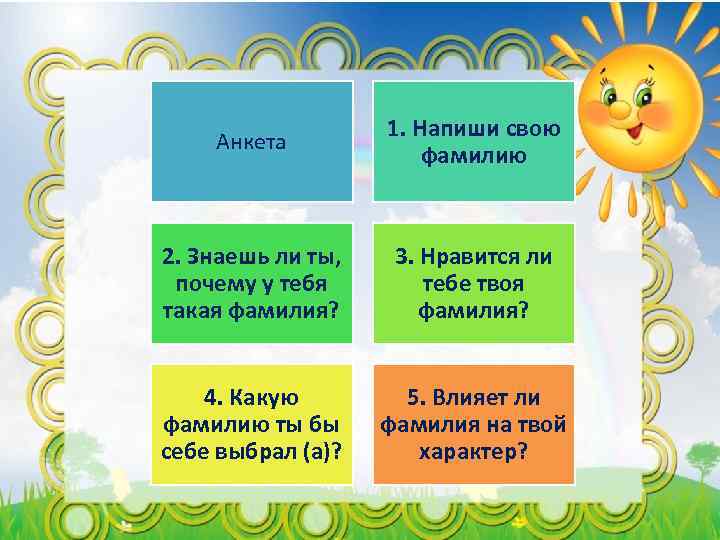 Анкета 1. Напиши свою фамилию 2. Знаешь ли ты, почему у тебя такая фамилия?