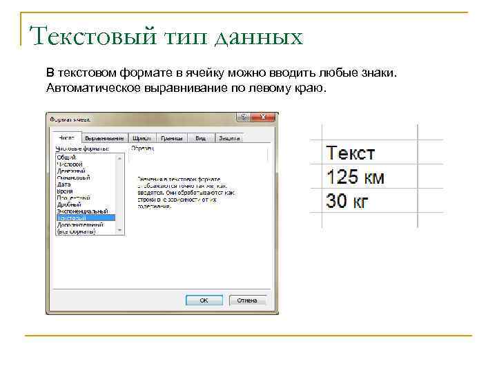 Текстовый тип данных В текстовом формате в ячейку можно вводить любые знаки. Автоматическое выравнивание