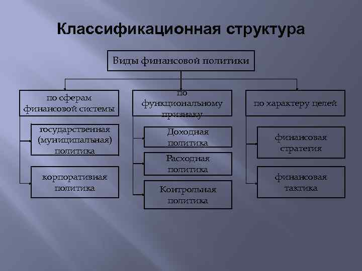 Классификационная структура Виды финансовой политики по сферам финансовой системы государственная (муниципальная) политика корпоративная политика
