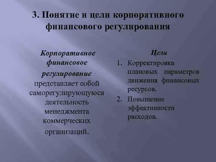 3. Понятие и цели корпоративного финансового регулирования Корпоративное финансовое регулирование представляет собой саморегулирующуюся деятельность