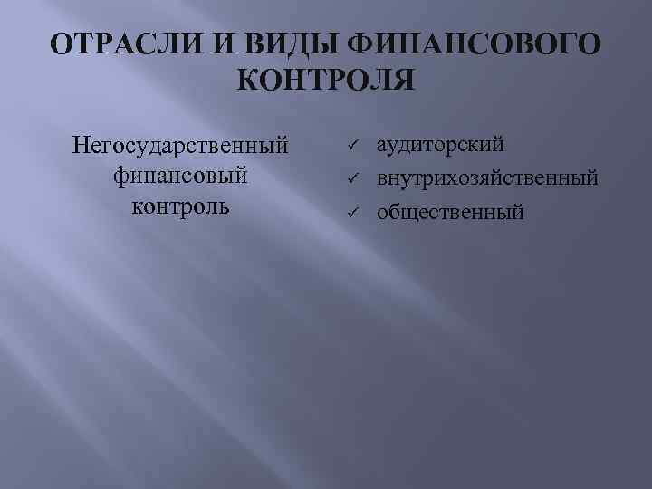 ОТРАСЛИ И ВИДЫ ФИНАНСОВОГО КОНТРОЛЯ Негосударственный финансовый контроль аудиторский внутрихозяйственный общественный 
