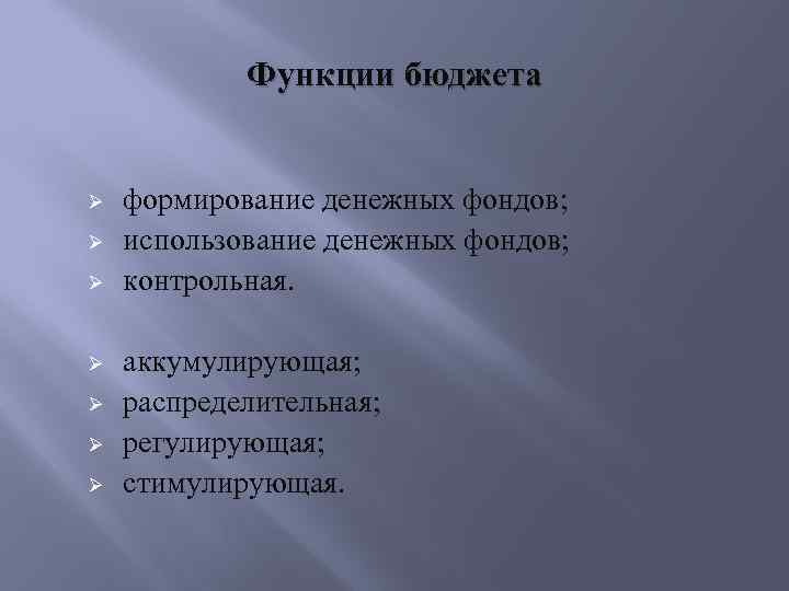 Функции бюджета Ø Ø Ø Ø формирование денежных фондов; использование денежных фондов; контрольная. аккумулирующая;