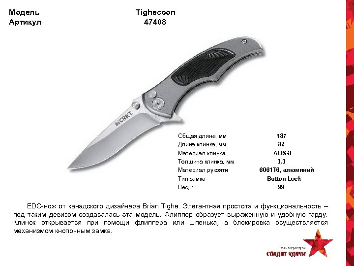 Модель Артикул Tighecoon 47408 Общая длина, мм Длина клинка, мм Материал клинка Толщина клинка,