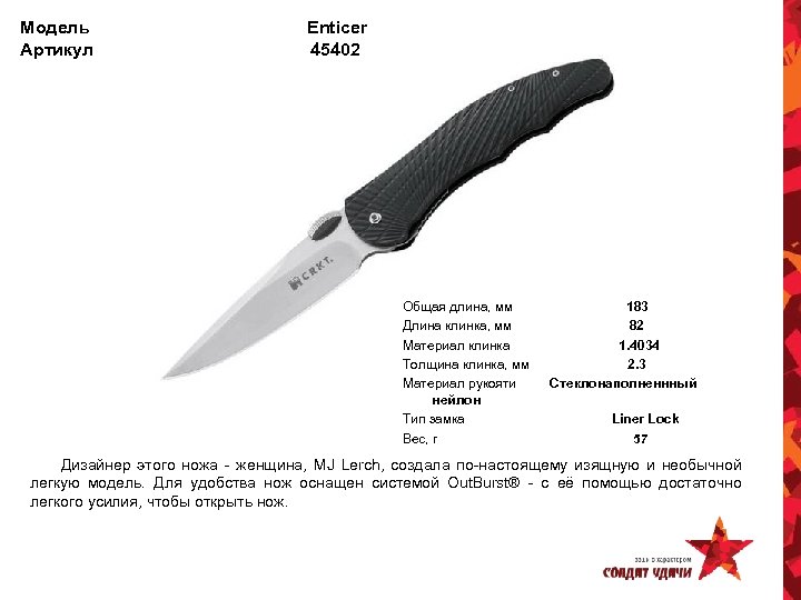 Модель Артикул Enticer 45402 Общая длина, мм Длина клинка, мм Материал клинка Толщина клинка,