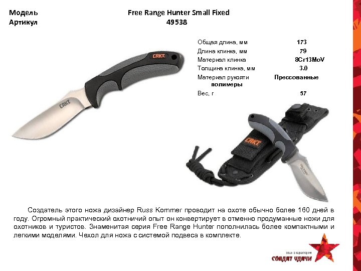 Модель Артикул Free Range Hunter Small Fixed 49538 Общая длина, мм Длина клинка, мм
