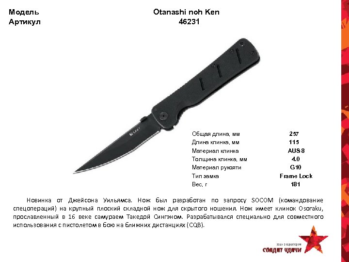 Модель Артикул Otanashi noh Ken 46231 Общая длина, мм Длина клинка, мм Материал клинка