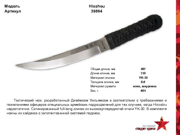 Модель Артикул Hisshou 39864 Общая длина, мм Длина клинка, мм Материал клинка Толщина клинка,