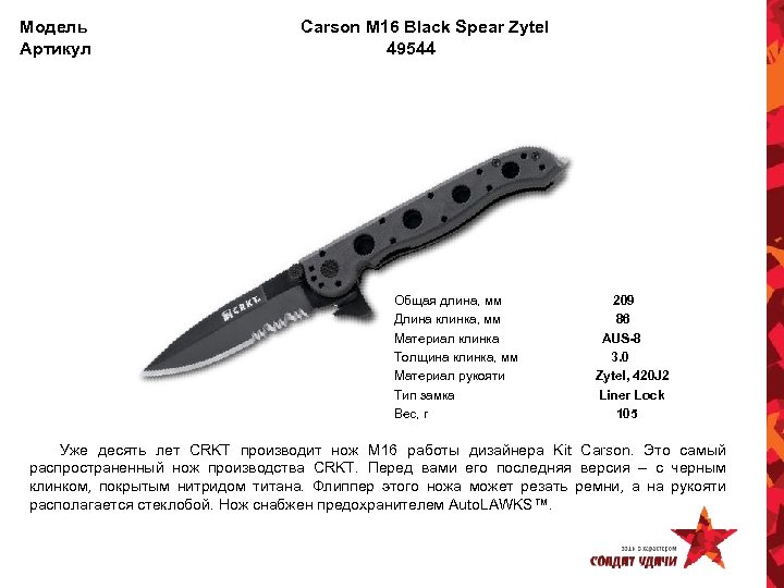 Модель Артикул Carson M 16 Black Spear Zytel 49544 Общая длина, мм Длина клинка,