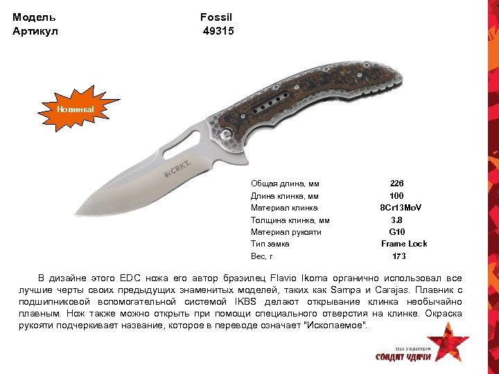 Модель Артикул Fossil 49315 Новинка! Общая длина, мм Длина клинка, мм Материал клинка Толщина