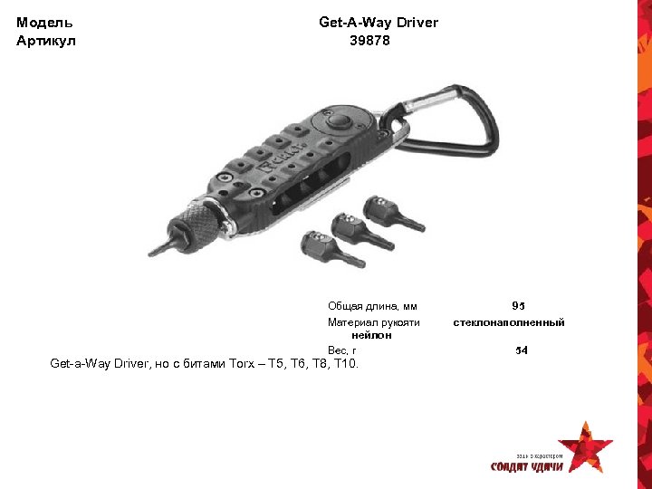 Модель Артикул Get-A-Way Driver 39878 Общая длина, мм Материал рукояти нейлон Вес, г Get-a-Way