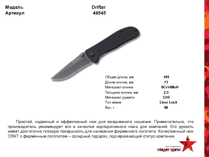 Модель Артикул Drifter 49545 Общая длина, мм Длина клинка, мм Материал клинка Толщина клинка,