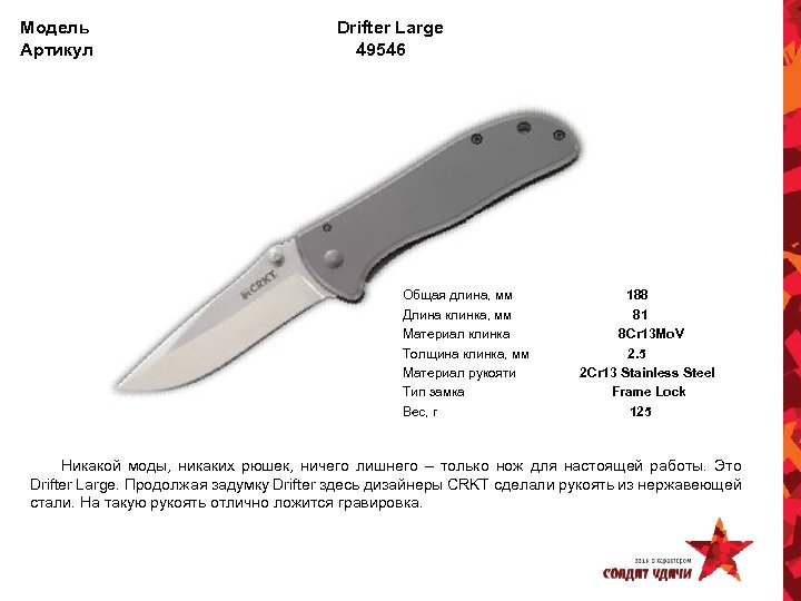 Модель Артикул Drifter Large 49546 Общая длина, мм Длина клинка, мм Материал клинка Толщина