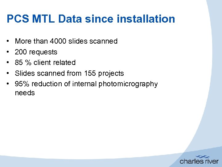 PCS MTL Data since installation • • • More than 4000 slides scanned 200