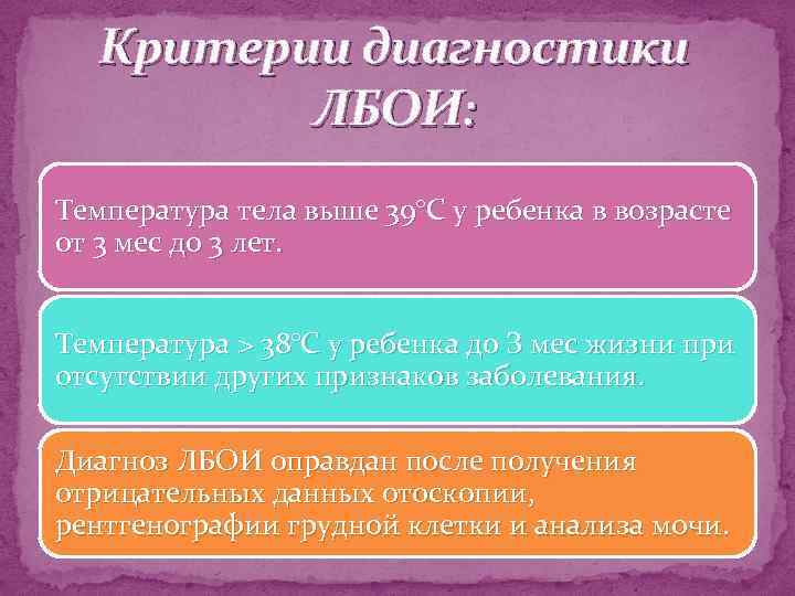 Критерии диагностики ЛБОИ: Температура тела выше 39°С у ребенка в возрасте от 3 мес