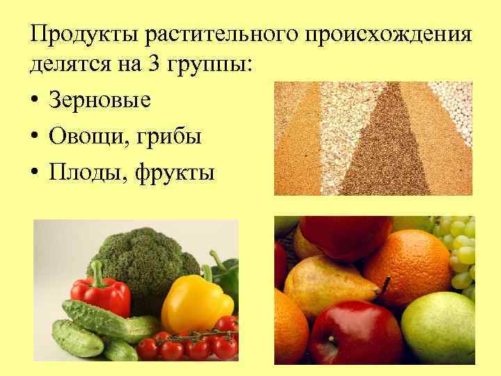 Продукты растительного происхождения делятся на 3 группы: • Зерновые • Овощи, грибы • Плоды,