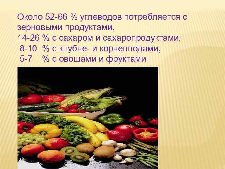 Около 52 -66 % углеводов потребляется с зерновыми продуктами, 14 -26 % с сахаром