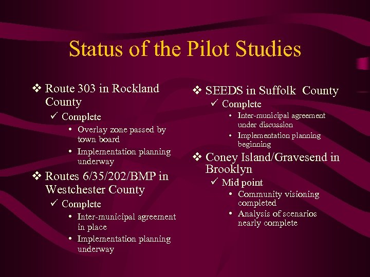 Status of the Pilot Studies v Route 303 in Rockland County ü Complete •