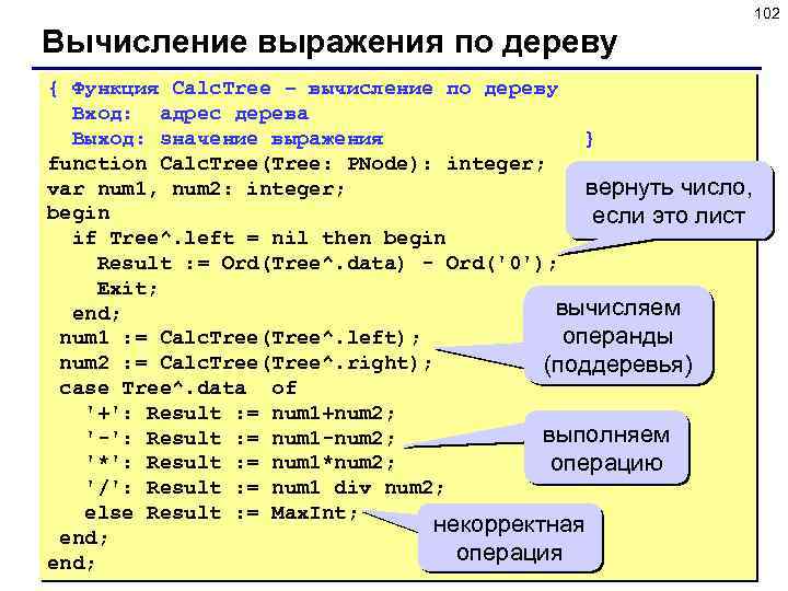 102 Вычисление выражения по дереву { Функция Calc. Tree – вычисление по дереву Вход: