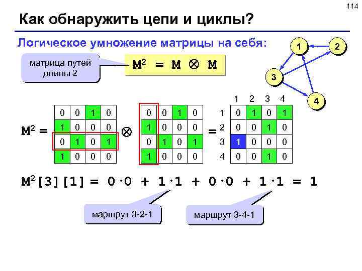 114 Как обнаружить цепи и циклы? Логическое умножение матрицы на себя: M 2 =