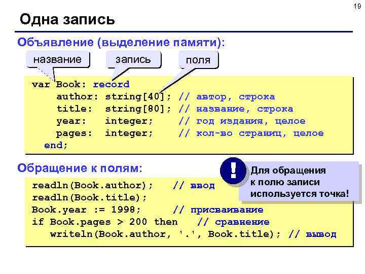 19 Одна запись Объявление (выделение памяти): название запись var Book: record author: string[40]; title: