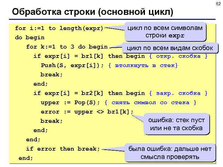 62 Обработка строки (основной цикл) цикл по всем символам for i: =1 to length(expr)