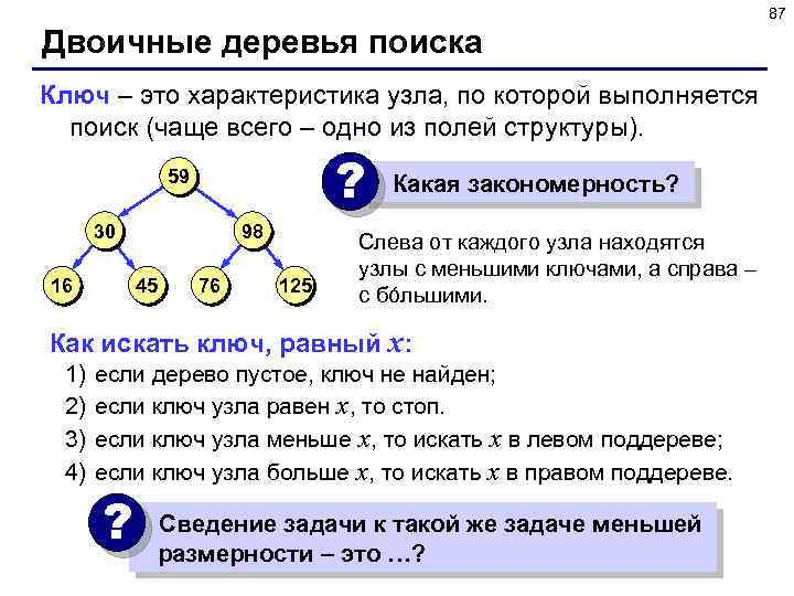 87 Двоичные деревья поиска Ключ – это характеристика узла, по которой выполняется поиск (чаще