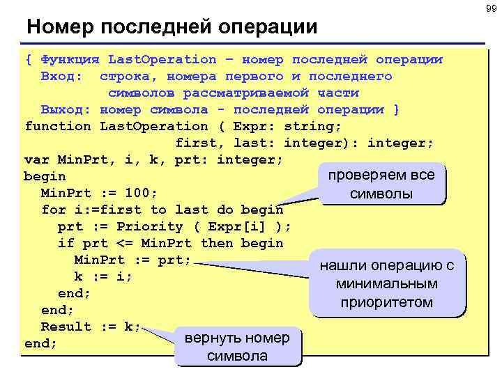 99 Номер последней операции { Функция Last. Operation – номер последней операции Вход: строка,