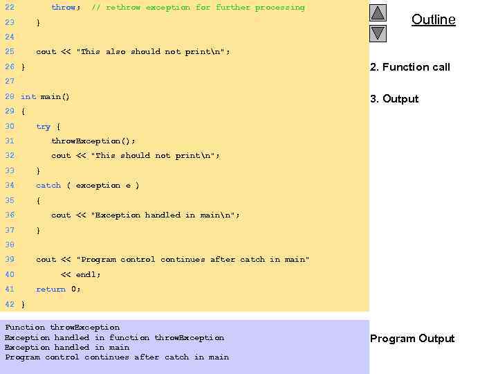 22 23 throw; // rethrow exception for further processing } Outline 24 25 cout