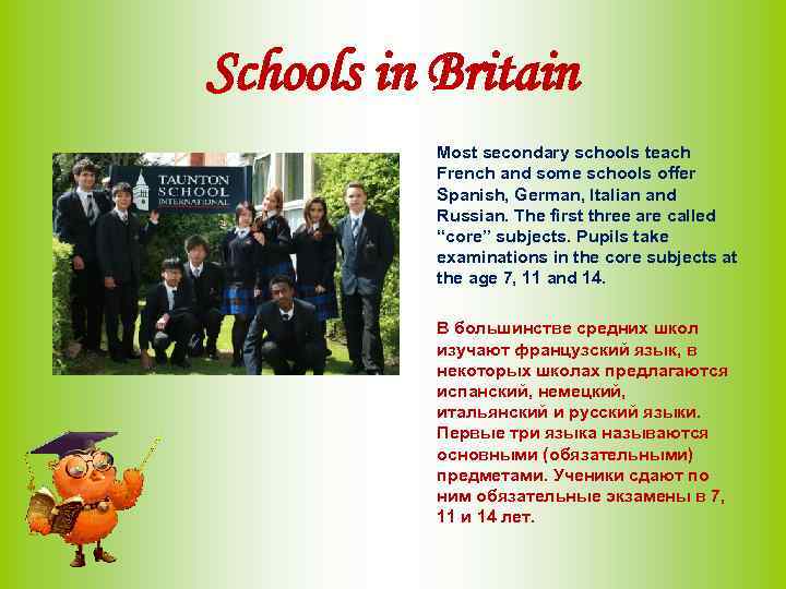 Schools in Britain Most secondary schools teach French and some schools offer Spanish, German,