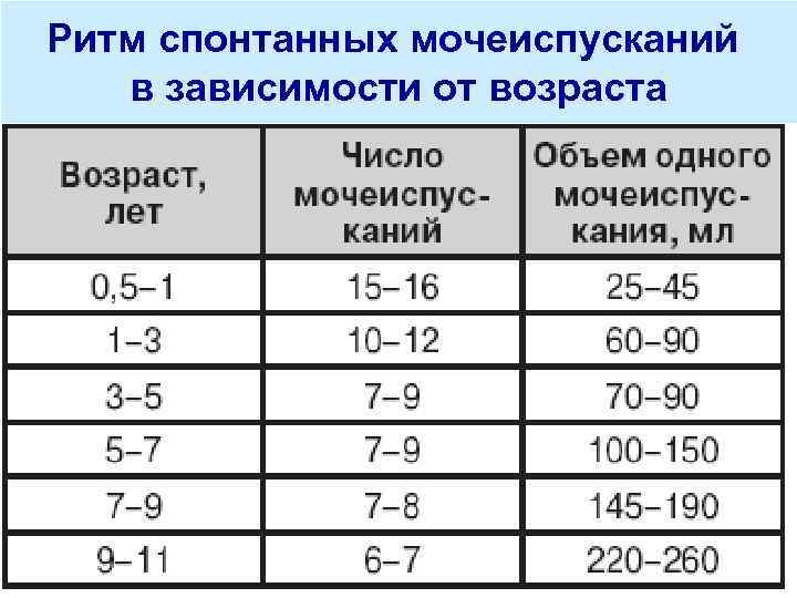 Ритм спонтанных мочеиспусканий в зависимости от возраста 