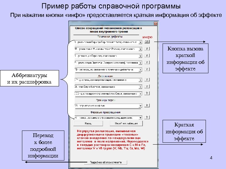Пример работы справочной программы Интерфейс предоставляется краткая информация об эффекте При нажатии кнопки «инфо»