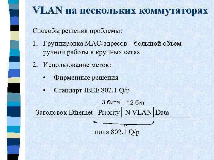 VLAN на нескольких коммутаторах Способы решения проблемы: 1. Группировка MAC-адресов – большой объем ручной