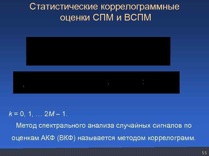 Статистические коррелограммные оценки СПМ и ВСПМ k = 0, 1, … 2 M –