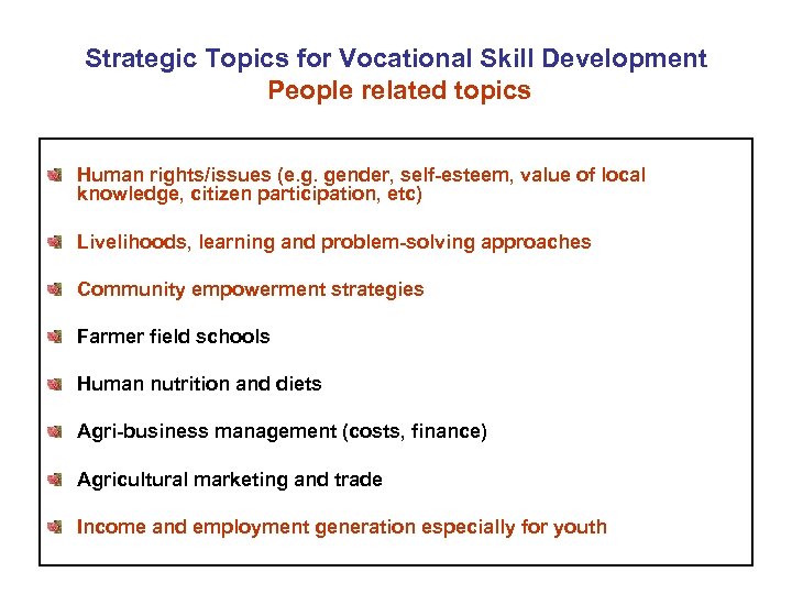 Strategic Topics for Vocational Skill Development People related topics Human rights/issues (e. g. gender,