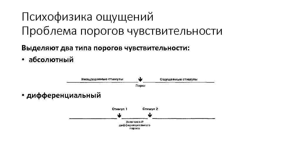 Психофизика ощущений Проблема порогов чувствительности Выделяют два типа порогов чувствительности: • абсолютный • дифференциальный