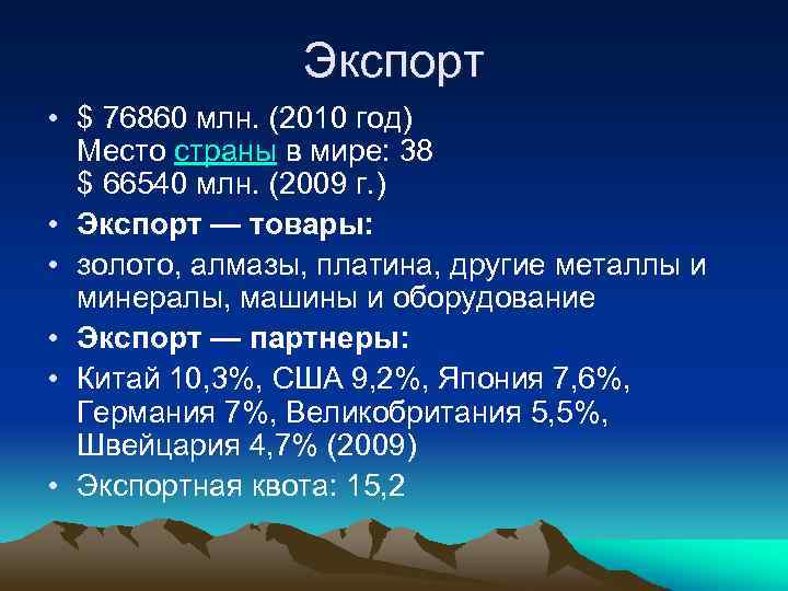 Экспорт • $ 76860 млн. (2010 год) Место страны в мире: 38 $ 66540