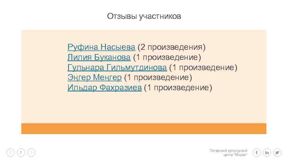 Отзывы участников Руфина Насыева (2 произведения) Лилия Буканова (1 произведение) Гульнара Гильмутдинова (1 произведение)