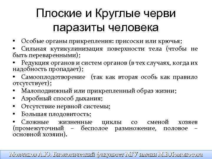 Плоские и Круглые черви паразиты человека • Особые органы прикрепления: присоски или крючья; •