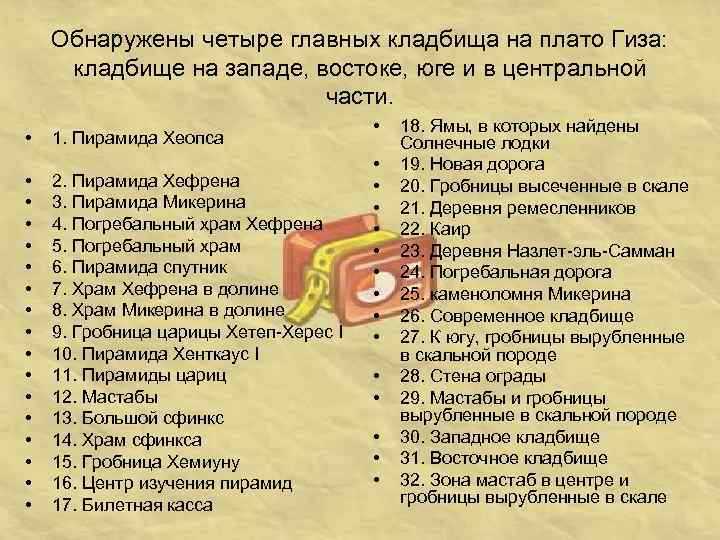 Обнаружены четыре главных кладбища на плато Гиза: кладбище на западе, востоке, юге и в