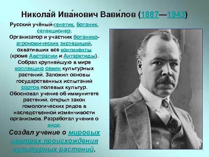 Никола й Ива нович Вави лов (1887— 1943) Русский учёный-генетик, ботаник, селекционер. Организатор и