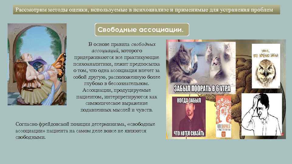 Рассмотрим методы оценки, используемые в психоанализе и применимые для устранения проблем Свободные ассоциации. В