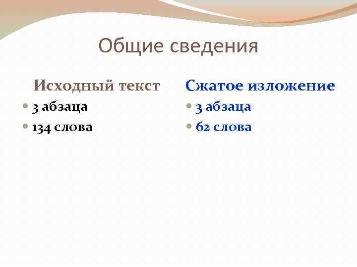 Общие сведения Исходный текст 3 абзаца 134 слова Сжатое изложение 3 абзаца 62 слова