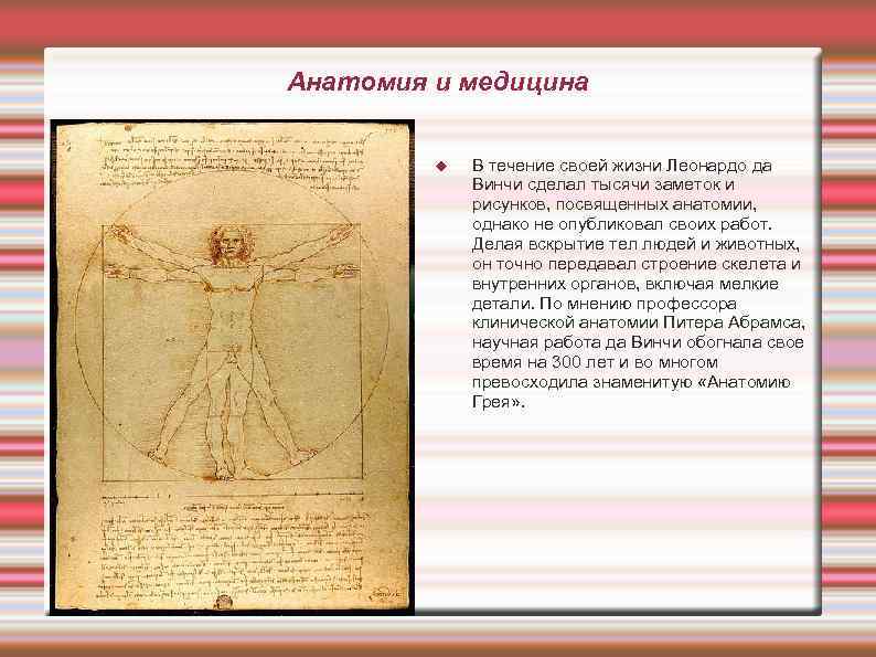 Анатомия и медицина В течение своей жизни Леонардо да Винчи сделал тысячи заметок и