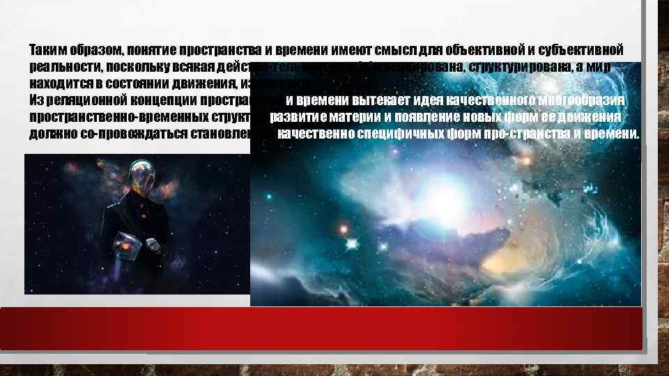 Таким образом, понятие пространства и времени имеют смысл для объективной и субъективной реальности, поскольку