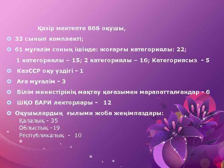  Қазір мектепте 868 оқушы, 33 сынып комплекті; 61 мұғалім соның ішінде: жоғарғы категориялы: