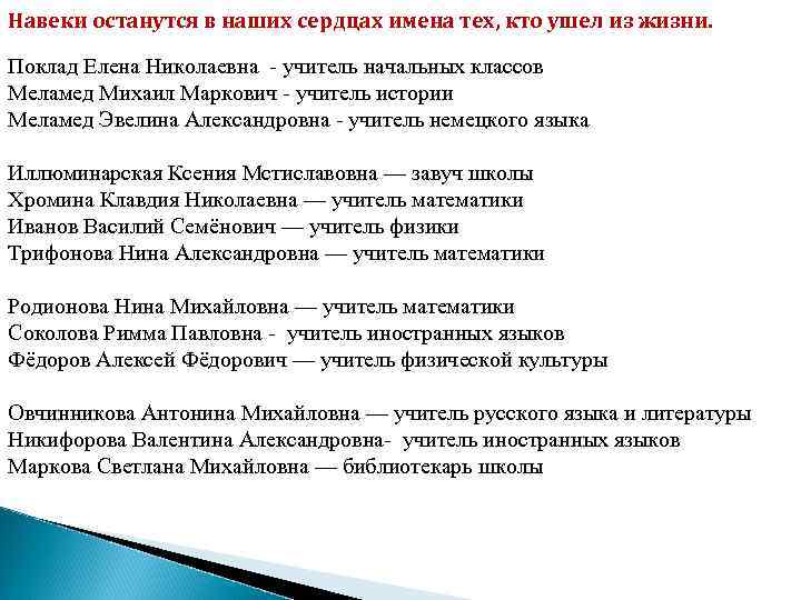 Навеки останутся в наших сердцах имена тех, кто ушел из жизни. Поклад Елена Николаевна