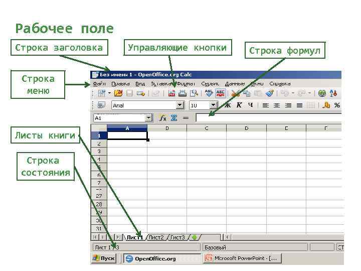Рабочее поле Строка заголовка Строка меню Листы книги Строка состояния Управляющие кнопки Строка формул